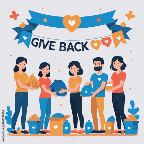 National Philanthropy Day vector set with charity marathon, global volunteers, donation kits, gift-giving, helping elderly, and social impact art
