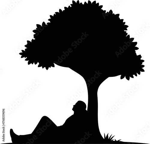 solitary traveler finds peaceful repose beneath the sturdy, ancient trees shade