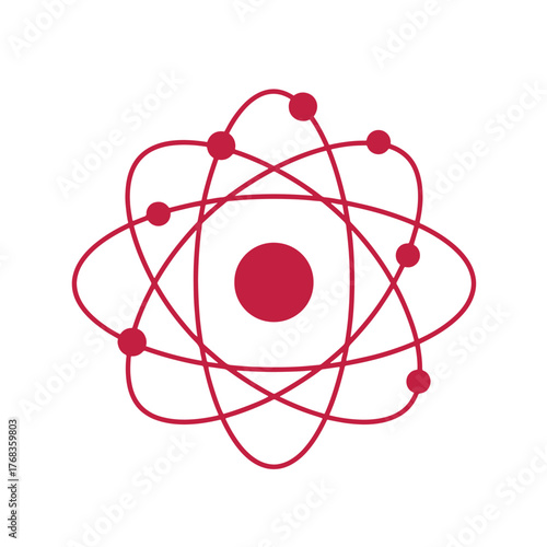 Red atomic structure diagram with orbiting electrons on white background science research