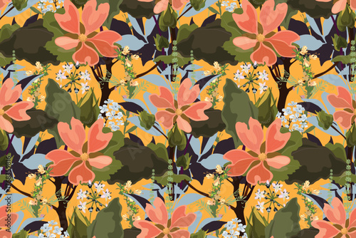 Vector floral seamless pattern with coral color flowers