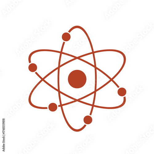 Red atom symbol with orbiting electrons on white background science physics