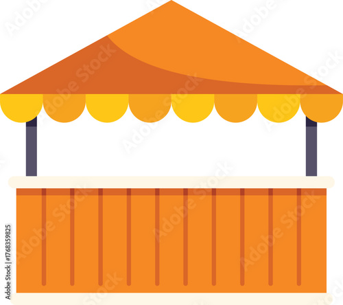 Empty wooden street food stall with orange awning and yellow trim, isolated on white background