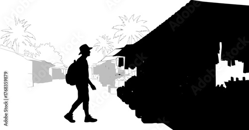 silhouette of adventure discovering bustling exotic market streets, embracing cultures