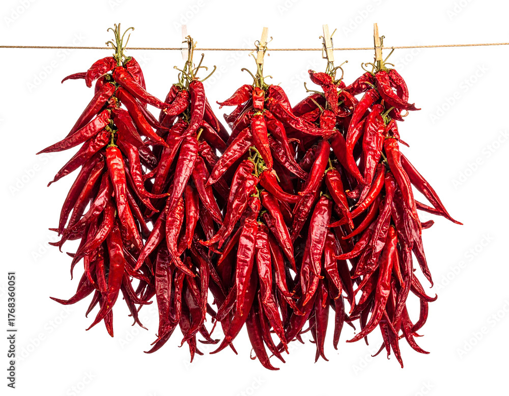 Naklejka premium Hot chili peppers hanging in a group for traditional drying