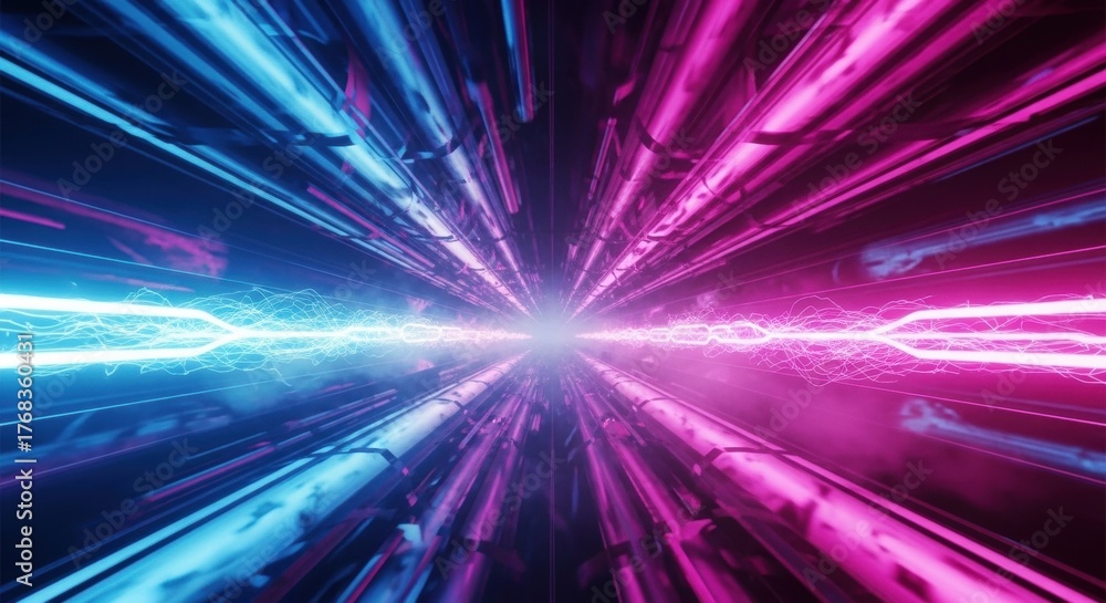 Obraz premium Futuristic perspective view of neon blue and pink light trails converging towards a bright center point, creating a tunnel effect.