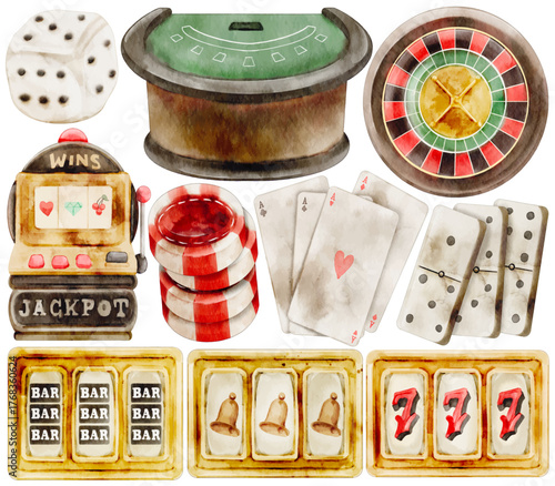 Watercolor Gamble Clip Art Set Casino Elements Slot Machine Roulette Dice Playing Cards Dominoes Poker Table 777 Jackpot Illustration Lucky Game Las Vegas