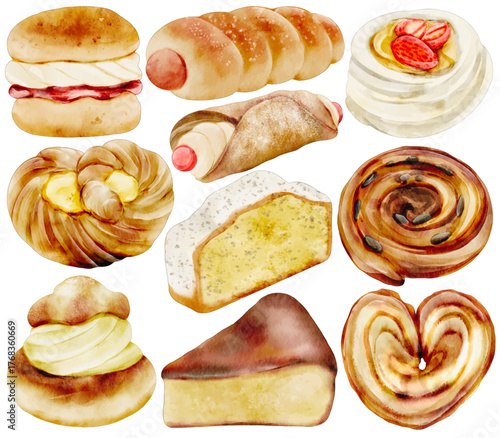Watercolor Bakery Clip Art Set Pastry Bread Dessert Cinnamon Roll Croissant Palmier Cream Puff Pound Cake Basque Cheesecake Sausage Roll Sandwich Illustration Cafe Menu
