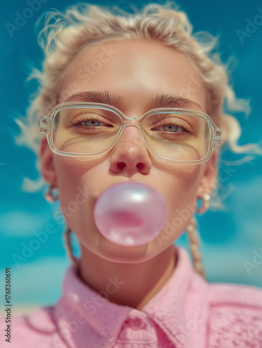 A blonde woman with braids and clear glasses blows a bubblegum bubble under a vibrant blue sky. Playful and trendy Gen Z style meets pastel y2k aesthetics.