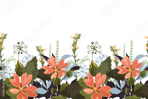Vector floral seamless pattern, border with coral color flowers