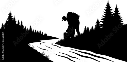 wilderness explorer halts by river to assess essential provisions journey