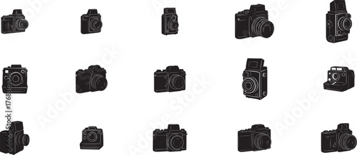 Collection of diverse camera icons representing photography gear and equipment for creative projects and visual storytelling vector