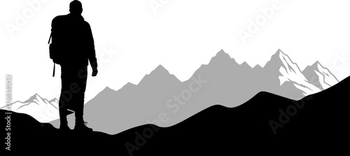 adventurer surveys majestic peaks, envisioning future challenges and triumphant ascents