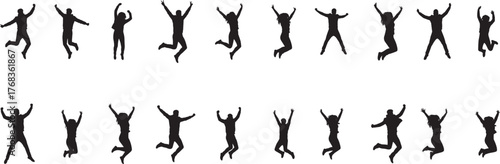 Dynamic silhouette collection of people jumping for joy expressing freedom and celebration vibrant energy diverse poses capturing excitement and movement vector