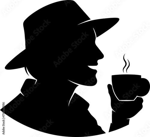 classic silhouette smiles, enjoying hot coffee a moment of pure bliss