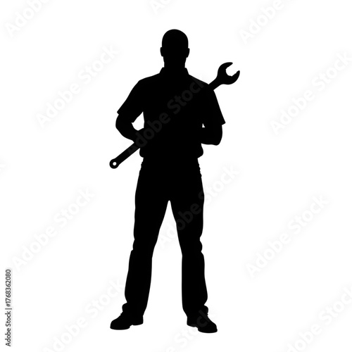 Plumber silhouette holding wrench on transparent background, professionalism