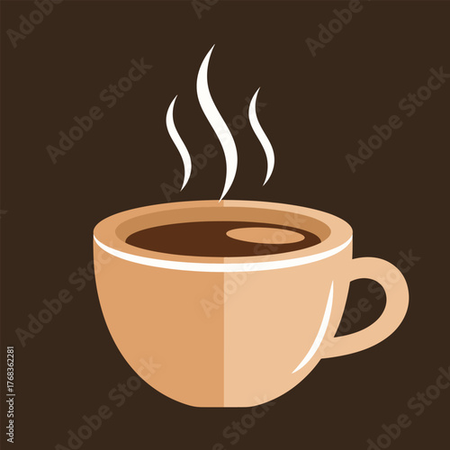 Hot brown coffee cup icon vector with steam for a morning cafe drink and breakfast