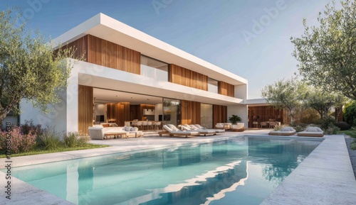 Wallpaper Mural Modern luxury house with outdoor pool, patio, and landscaped garden area Torontodigital.ca