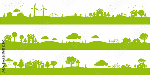 Green silhouette landscape with houses trees wind turbines and bicycles on rolling hills