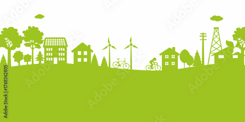 Green cityscape silhouette with renewable energy sources houses trees and people cycling