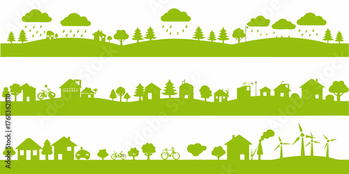 Green landscape with houses trees clouds rain and wind turbines representing eco friendly living