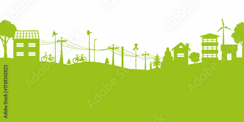 Green city silhouette with solar panels wind turbines and bicycles representing sustainable urban living