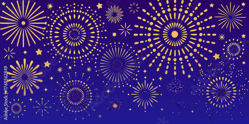 Golden fireworks and stars explode across a deep blue night sky background