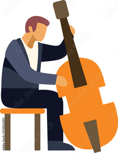 Male musician playing a double bass while sitting on a stool, performing classical music