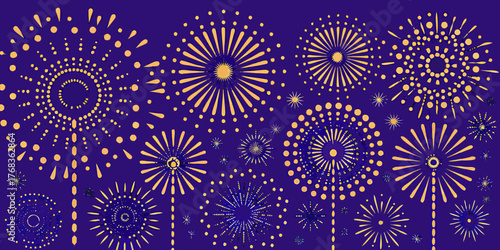 A vibrant display of yellow fireworks exploding against a deep purple night sky background
