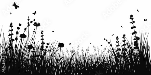 Black silhouette of wildflowers and grasses with butterflies flying in a white background