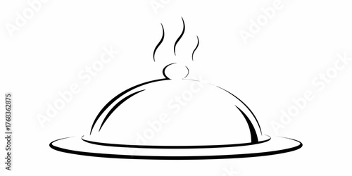 Simple black and white line art drawing of a steaming food cloche or serving dome on a plate