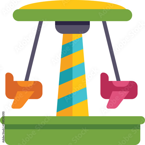 Two empty airplane shaped seats hanging from a swing ride spinning in an amusement park, perfect for children's entertainment