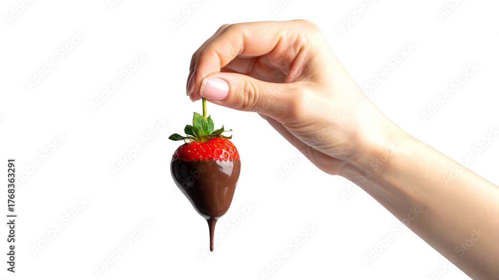 Obraz premium A hand holding a chocolate-covered strawberry, with the sweet treat dripping slightly. The delicious combination of flavors is enticing.