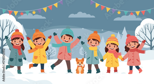 Joyful children and a dog celebrating winter with colorful flags and falling snow, embracing the festive season