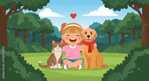 A heartwarming cartoon illustration of a happy little girl hugging her beloved cat and dog in a beautiful green park