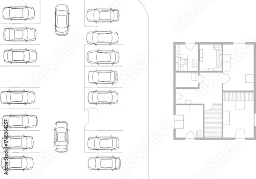 Architectural floor plan with car parking layout, modern house blueprint, detailed site plan drawing, residential building design, technical architecture 