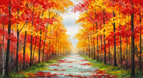 A beautiful watercolor landscape painting of a scenic path through a colorful autumn forest with vibrant red and orange trees