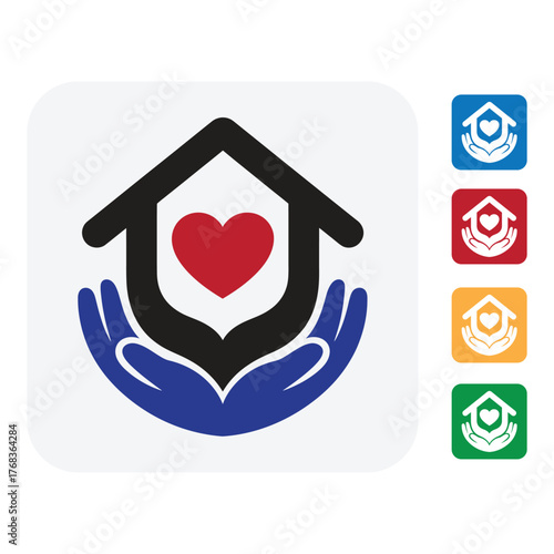 Foster care symbol features loving hands embracing heart inside home for charity, adoption, and community support in vibrant colors