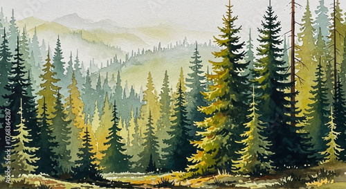 Artistic watercolor landscape painting of a lush coniferous forest with misty mountains in the background, a tranquil and scenic wilderness view
