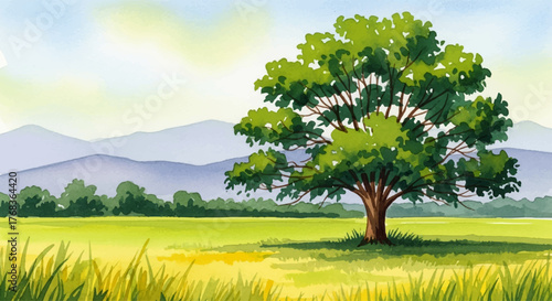 Peaceful watercolor landscape vector illustration of a single large tree standing in a vibrant green field with hills under a bright sky, a tranquil nature scene