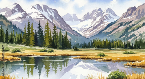 Artistic watercolor landscape painting of a serene mountain valley, showcasing a reflective lake, pine forest, and snow-capped peaks. A tranquil nature illustration