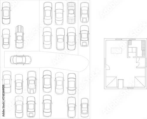 Architectural floor plan with parking area layout, car top view blueprint, residential building CAD drawing, construction technical plan, architecture vector illustration, detailed site design concept
