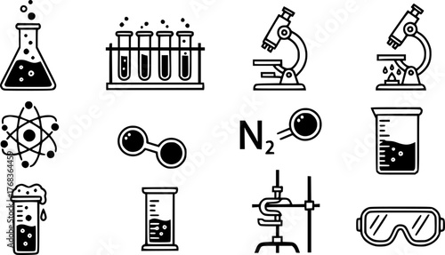 Black and White Science Icons with Nitrogen and Laboratory Equipment
