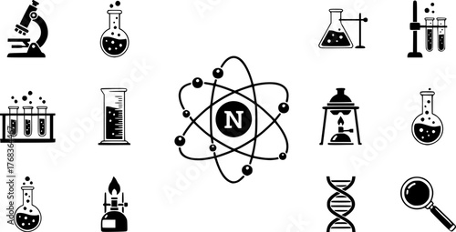 Black and White Science Icons with Nitrogen and Laboratory Equipment

