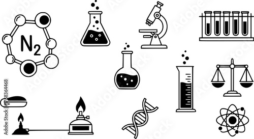 Black and White Science Icons with Nitrogen and Laboratory Equipment
