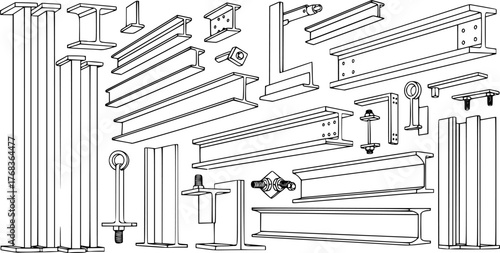 Construction elements and steel beams depicted in an architectural illustration with black outline
