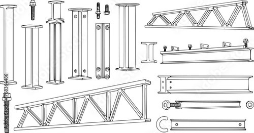 Construction elements and steel beams depicted in an architectural illustration with black outline
