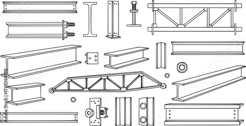 Construction elements and steel beams depicted in an architectural illustration with black outline
