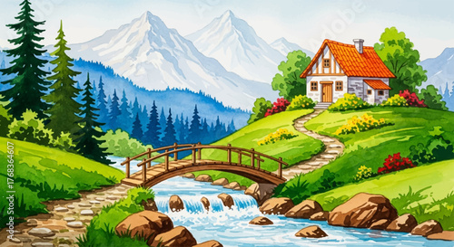 Charming watercolor landscape with a cozy cottage by a mountain river and bridge, a peaceful rural scene. 