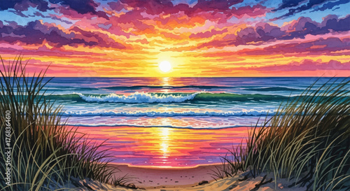 Vibrant watercolor landscape illustration of a dramatic sunset over the sea, viewed from a tranquil sandy beach with dunes