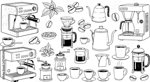 Detailed hand drawn coffee elements featuring coffee beans machines and brewing equipment in black and white
